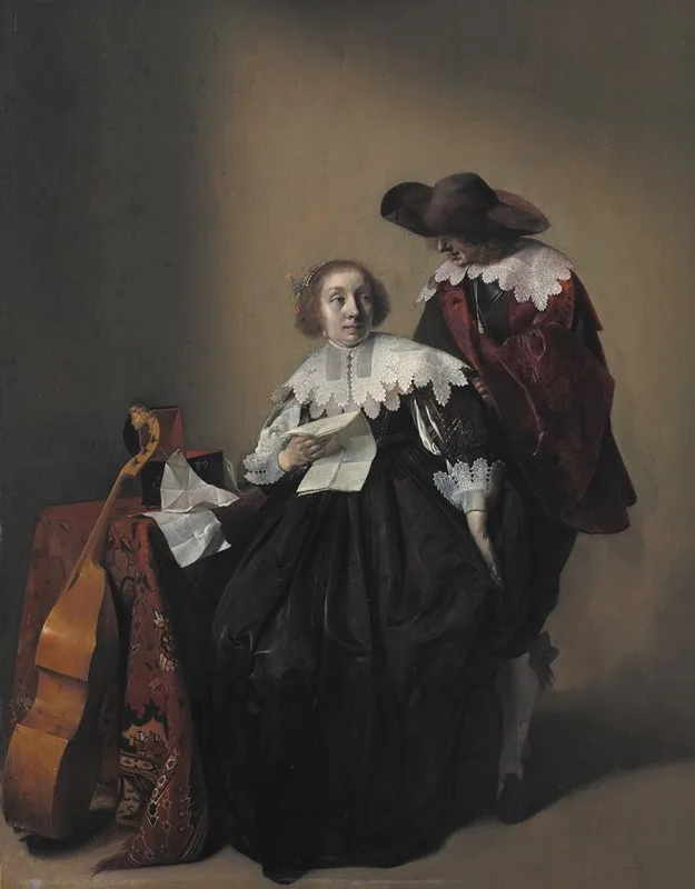A Seated Woman With A Letter A Gentleman Standing By Her Wall Art by Willem Cornelisz Duyster - High-Resolution Digital Print
