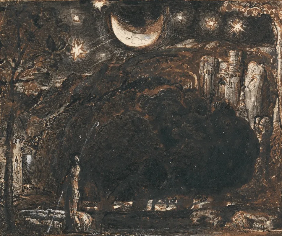 A Shepherd And His Flock Under The Moon And Stars