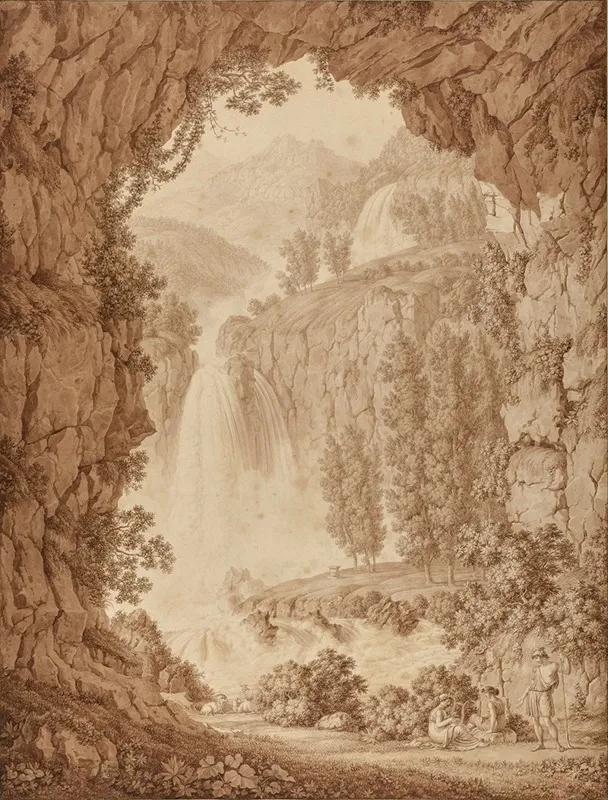 A Shepherd And Muses By A Waterfall Wall Art by Christoph Henrich Kniep - High-Resolution Digital Print