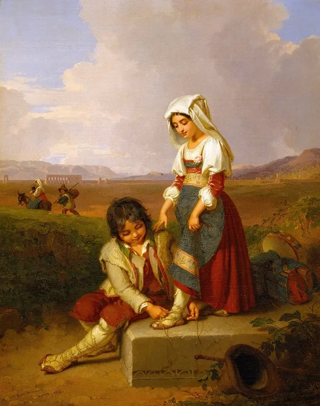 A Shepherd Boy And A Girl In The Roman Campagna In The Background Aqua Claudia Wall Art by Penry Williams - High-Resolution Digital Print