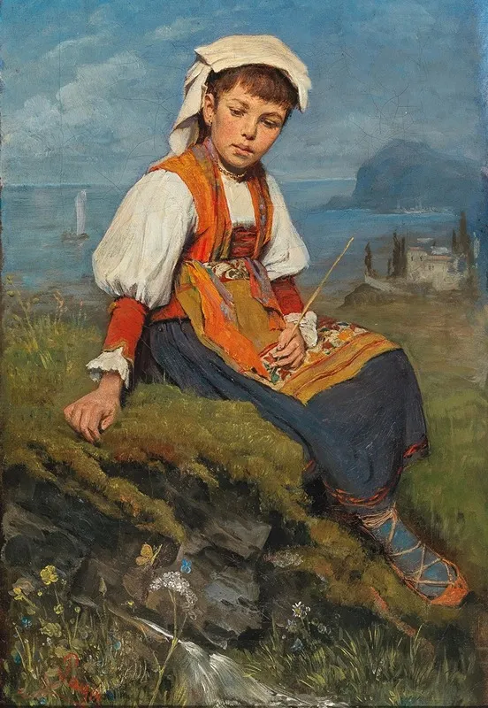 A Shepherd Girl Before A Coastal Landscape Wall Art by Ernst Payer - High-Resolution Digital Print