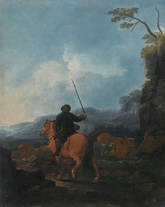 A Shepherd Riding A Horse And Leading His Flock In A Landscape
