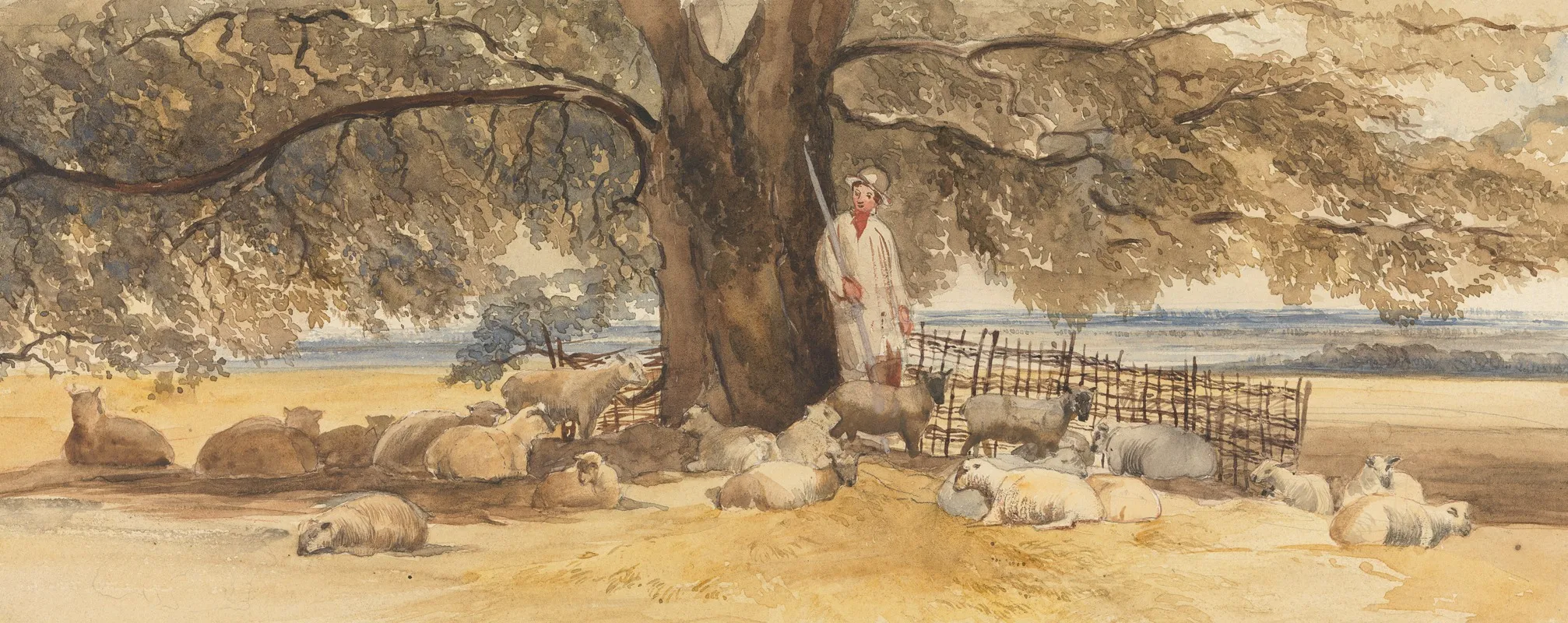 A Shepherd With Flock Beneath A Large Tree Wall Art by Arthur James Stark - High-Resolution Digital Print
