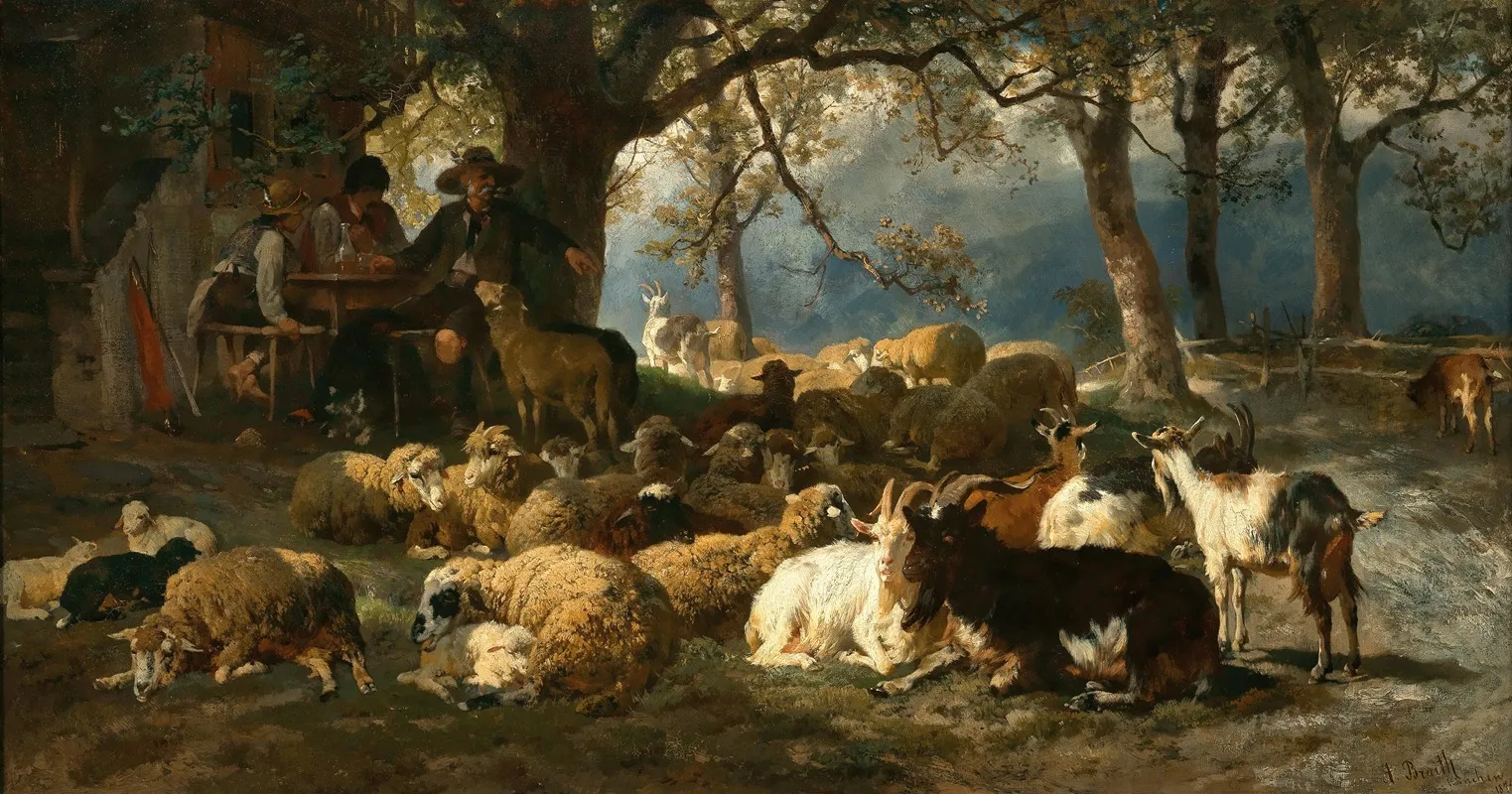 A Shepherd With His Cattle Resting At Noon Wall Art by Anton Braith - High-Resolution Digital Print