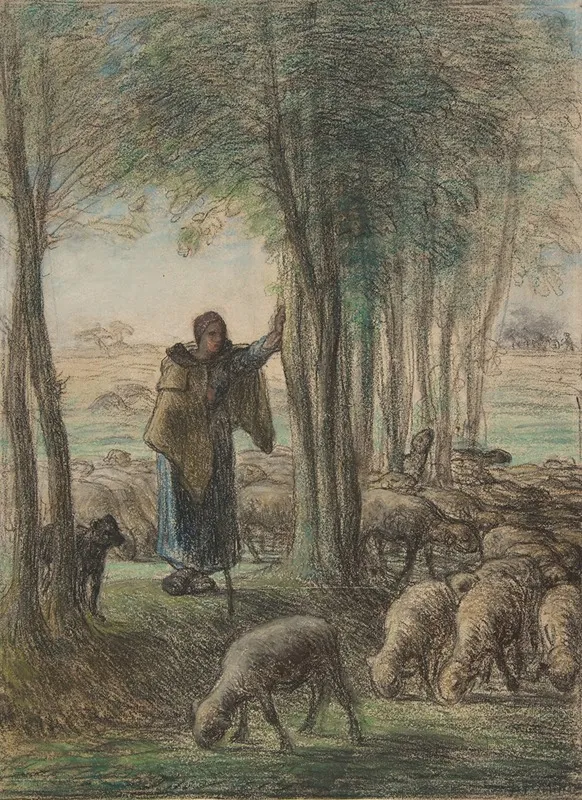 A Shepherdess And Her Flock In The Shade Of Trees Wall Art by Jean-François Millet - High-Resolution Digital Print