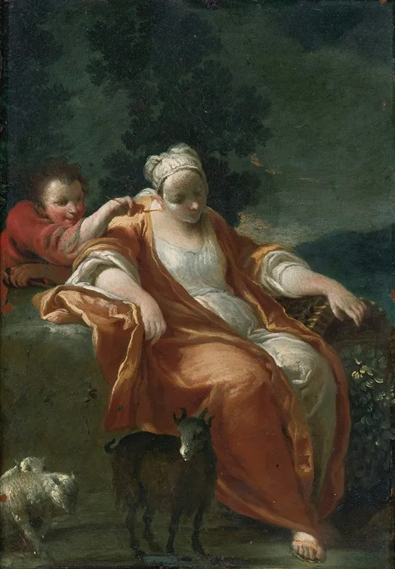 A Shepherdess Resting With A Young Boy Tickling Her Ear Wall Art by Studio of Giuseppe Maria Crespi - High-Resolution Digital Print