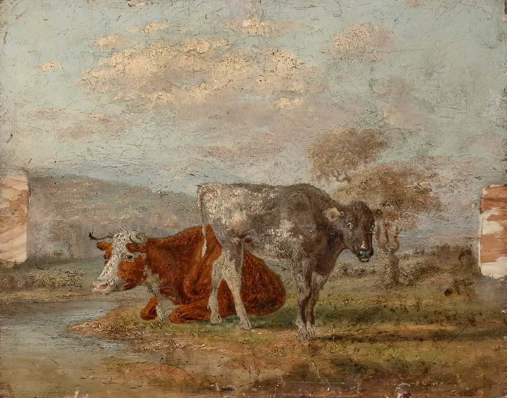 A Sketch Of Two Cows In A Landscape Wall Art by William Huggins - High-Resolution Digital Print