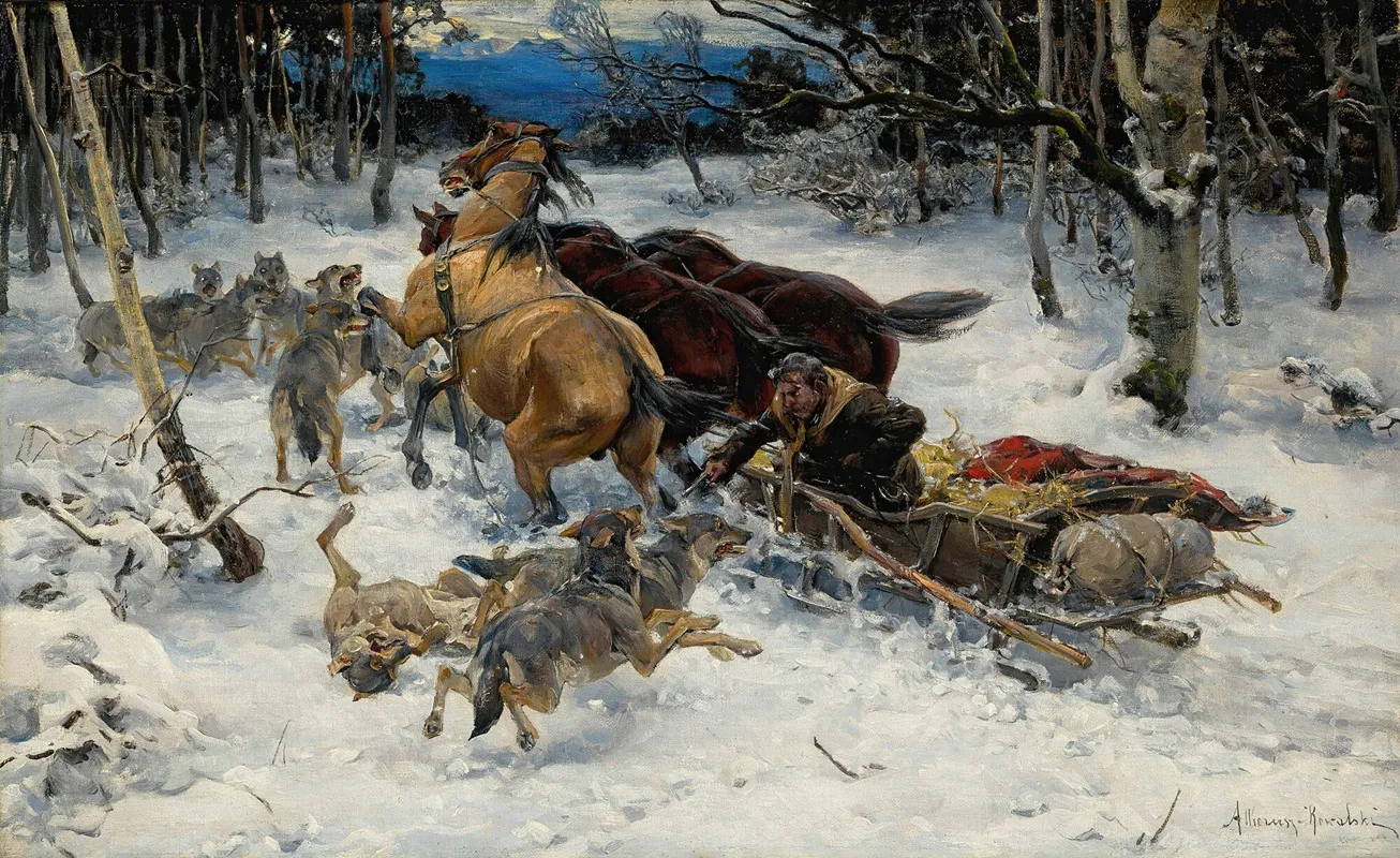 A Sledge Under Attack By Wolves Wall Art by Alfred von Wierusz-Kowalski - High-Resolution Digital Print