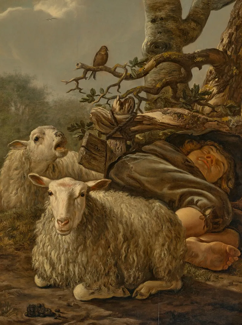 A Sleeping Shepherd With Two Sheep In A Landscape Wall Art by Govert Dircksz Camphuysen - High-Resolution Digital Print