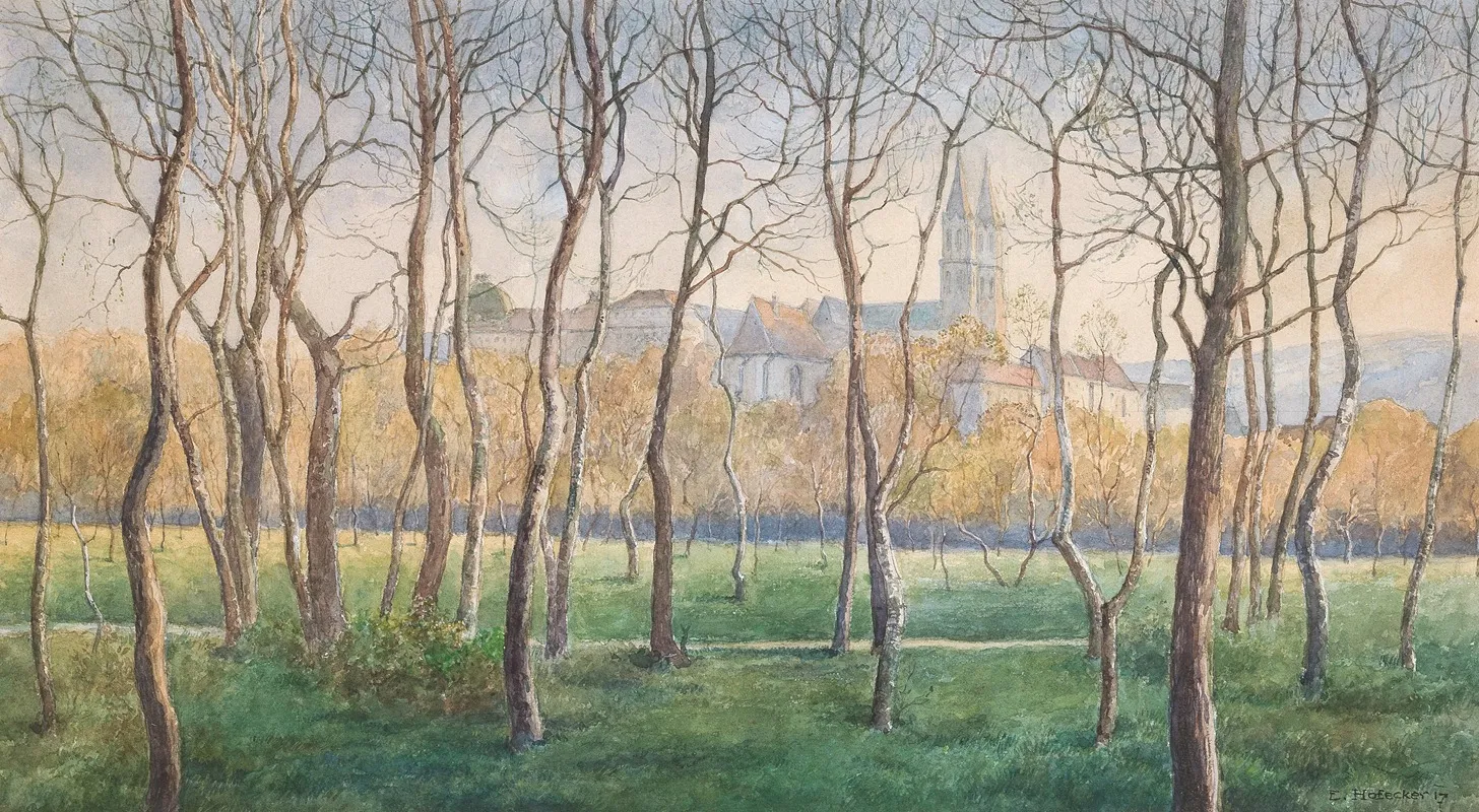A Small Birch Forest With A View Klosterneuburg Monastery Wall Art by Eduard Ferdinand Hofecker - High-Resolution Digital Print