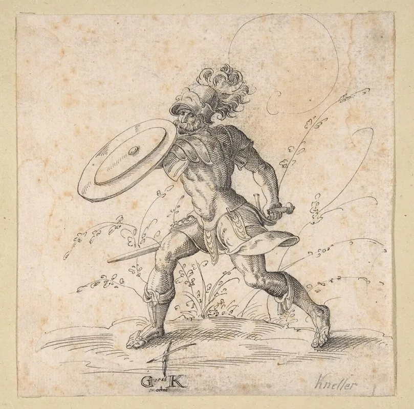 A Soldier Brandishing A Shield In A Landscape Wall Art by Monogrammist GK - High-Resolution Digital Print
