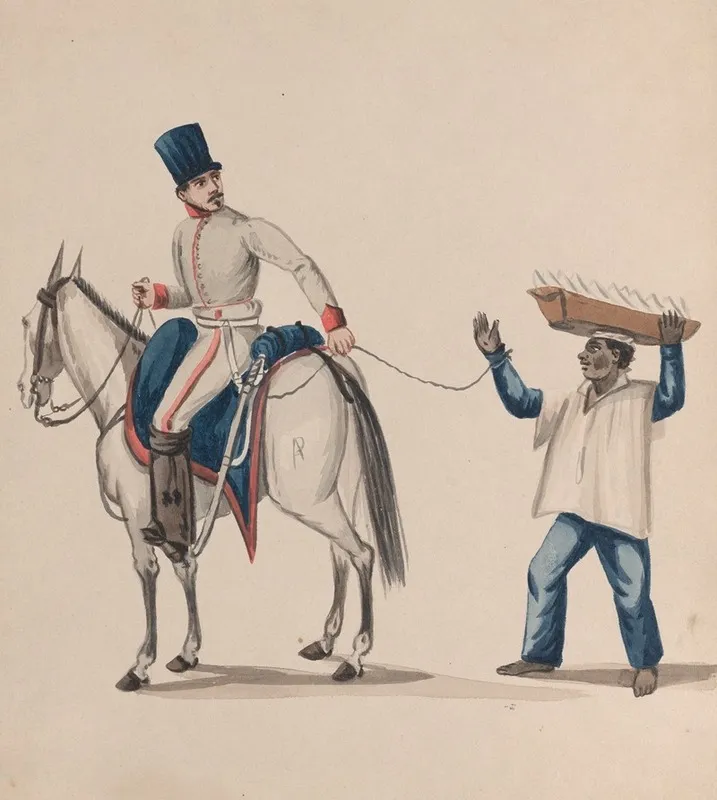A Soldier On Horseback Holding A Rope That Secures An Enslaved Indigenous Man Who Is Balancing A Basket On His Head Wall Art by Francisco Fierro - High-Resolution Digital Print
