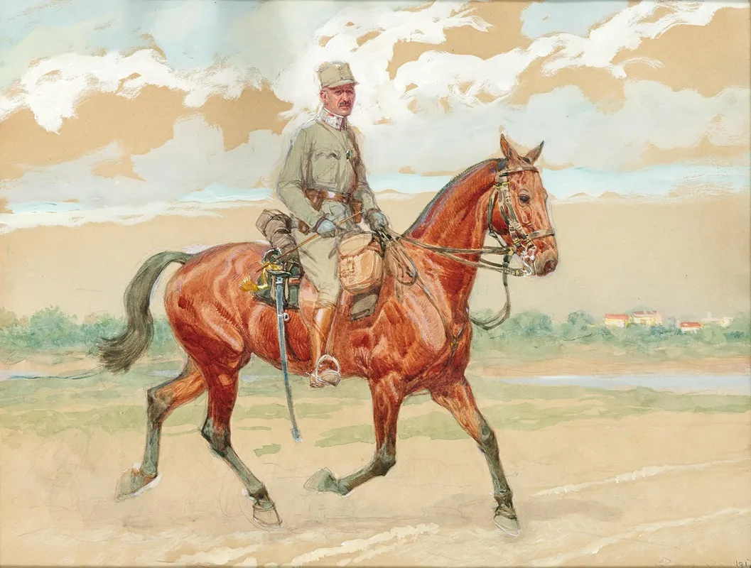 A Soldier On Horseback In A River Landscape Wall Art by Ludwig Koch - High-Resolution Digital Print