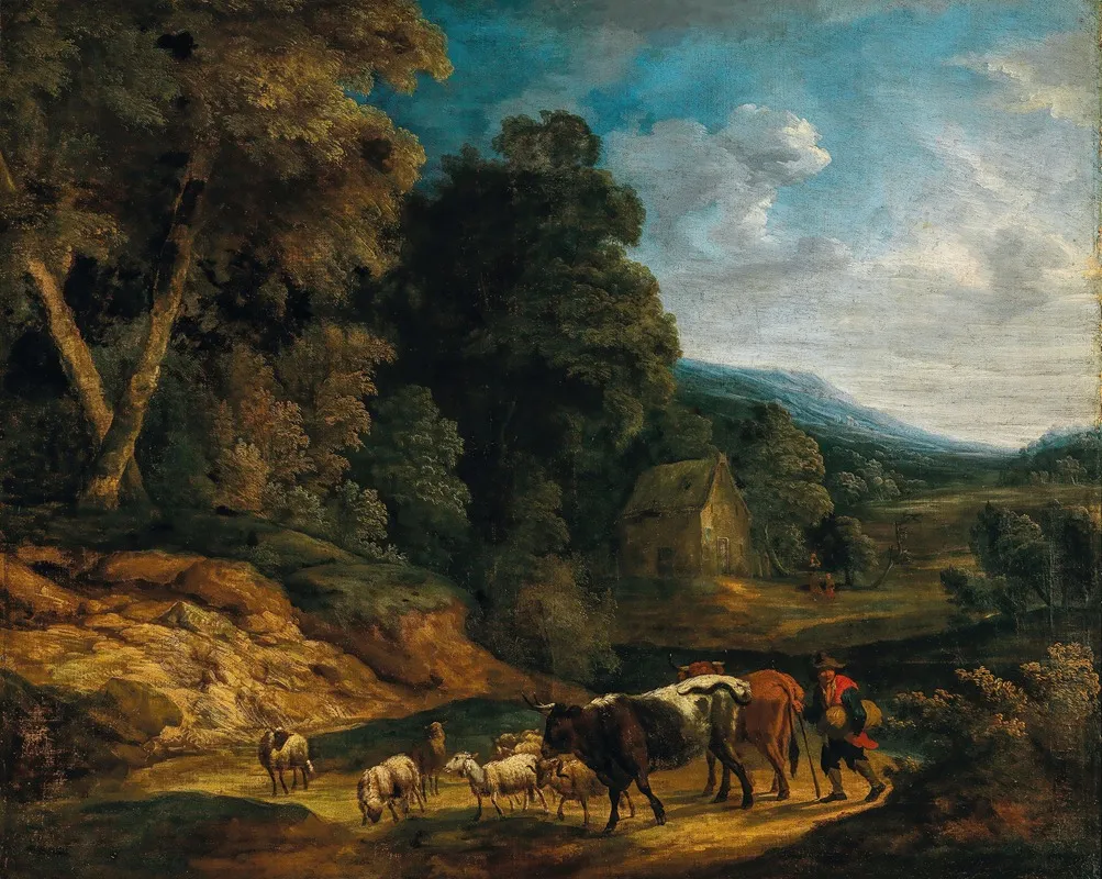 A Southern Landscape With Herdsmen And Their Flock Wall Art by Adriaen Frans Boudewijns - High-Resolution Digital Print