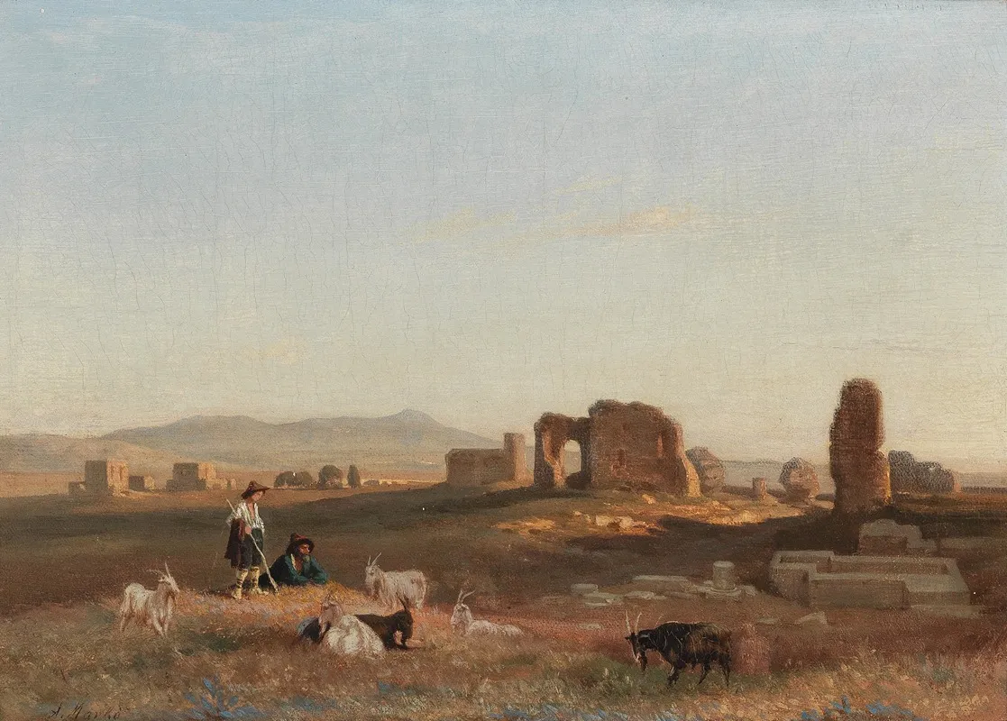 A Southern Landscape With Ruins With Goats And Shepherds Wall Art by Andreas Marko - High-Resolution Digital Print