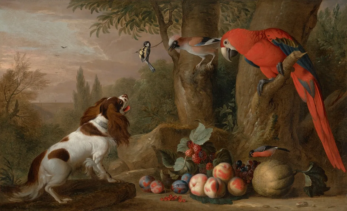 A Spaniel With A Macaw Blue Tit Bluejay And A Bullfinch With Fruit In A Landscape Wall Art by Jakob Bogdani - High-Resolution Digital Print