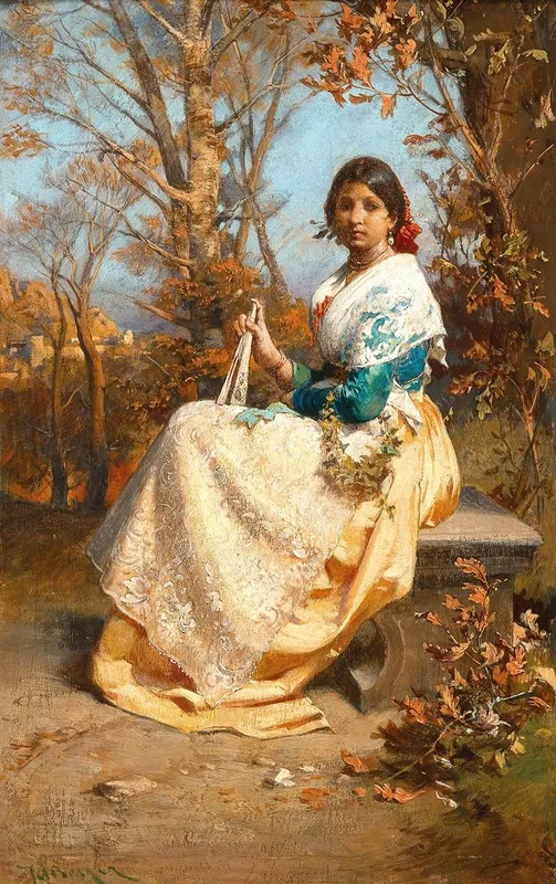 A Spanish Girl With Fan On A Park Bench Wall Art by Julius Victor Berger - High-Resolution Digital Print