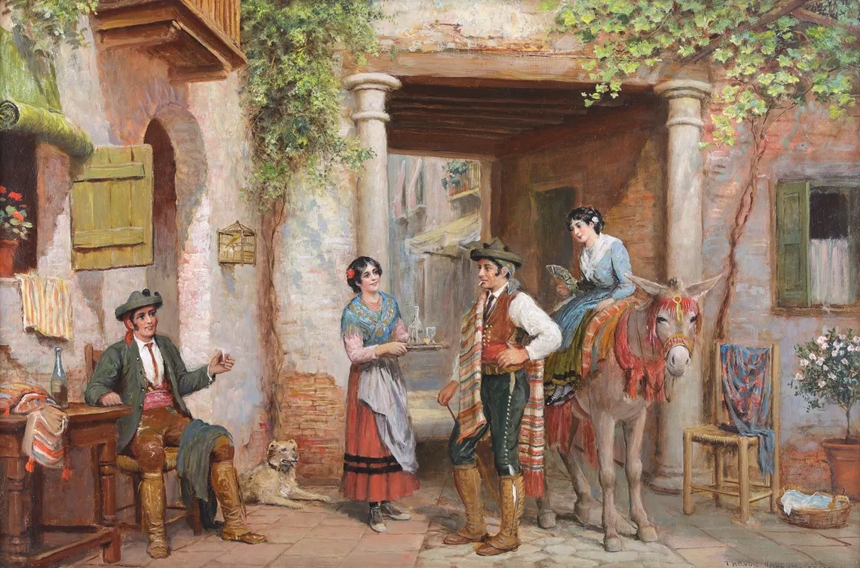 A Spanish Street Scene With Figures And A Donkey Outside A Taverna Wall Art by Arthur Trevor Haddon - High-Resolution Digital Print