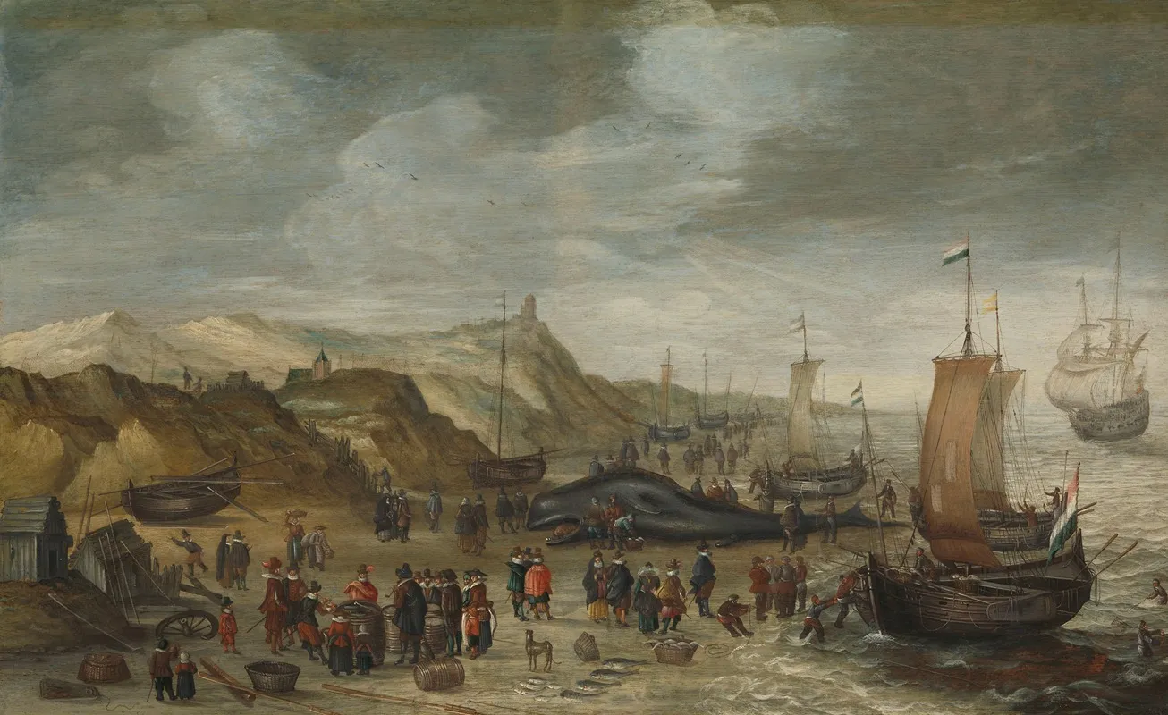 A Sperm Whale Washed Up On The Beach At Noordwijk 28 December 1614 Wall Art by Hans Savery the elder - High-Resolution Digital Print