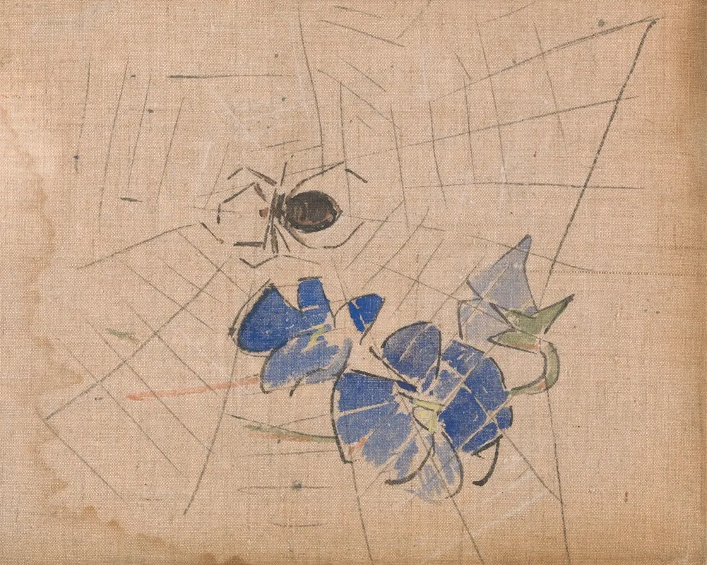 A Spider And Web With Blue Flowers Wall Art by Joseph Crawhall - High-Resolution Digital Print