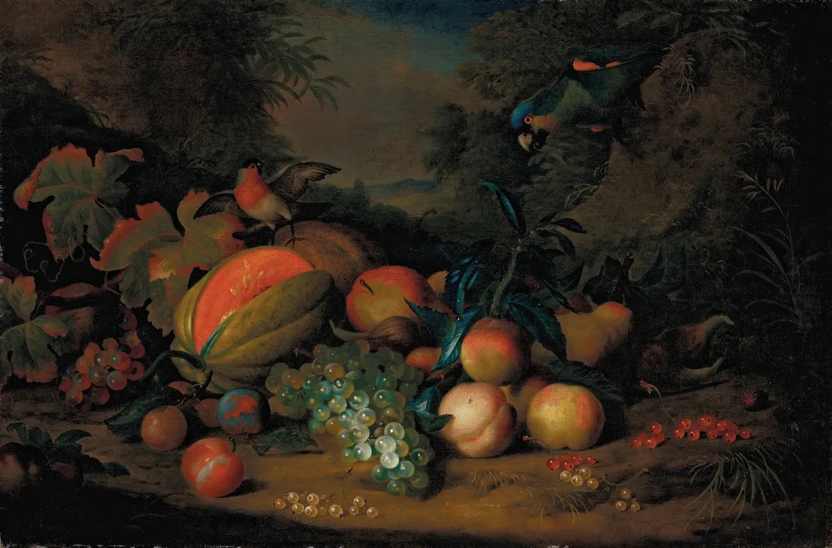 A Split Melon Peaches Plums Grapes Apples And Currants With A Parrot And A Bullfinch A Mountainous Landscape Beyond Wall Art by Tobias Stranover - High-Resolution Digital Print