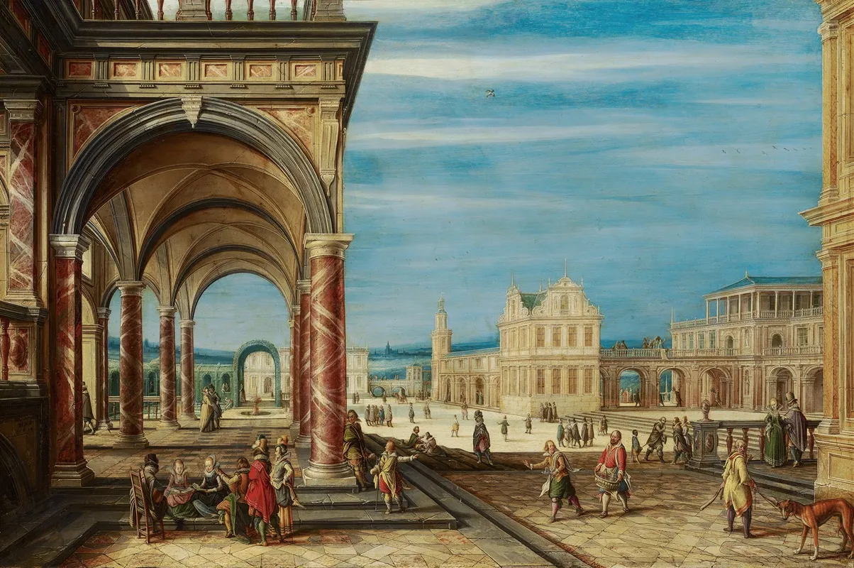 A Square With Imaginary Buildings Wall Art by Hendrick van Steenwijck the Younger - High-Resolution Digital Print