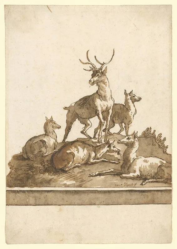 A Stag And Four Hinds On A Grassy Knoll With Base Wall Art by Giovanni Domenico Tiepolo - High-Resolution Digital Print