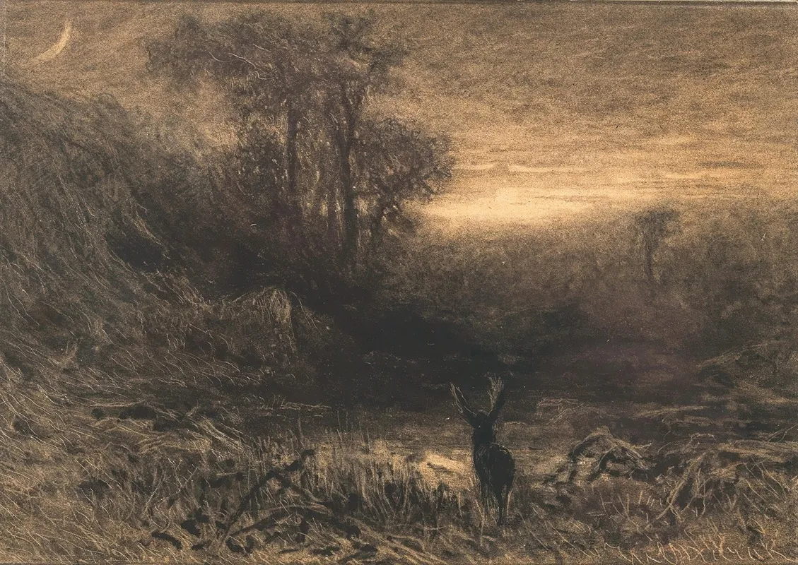 A Stag At The Edge Of A Wood At Moonlight