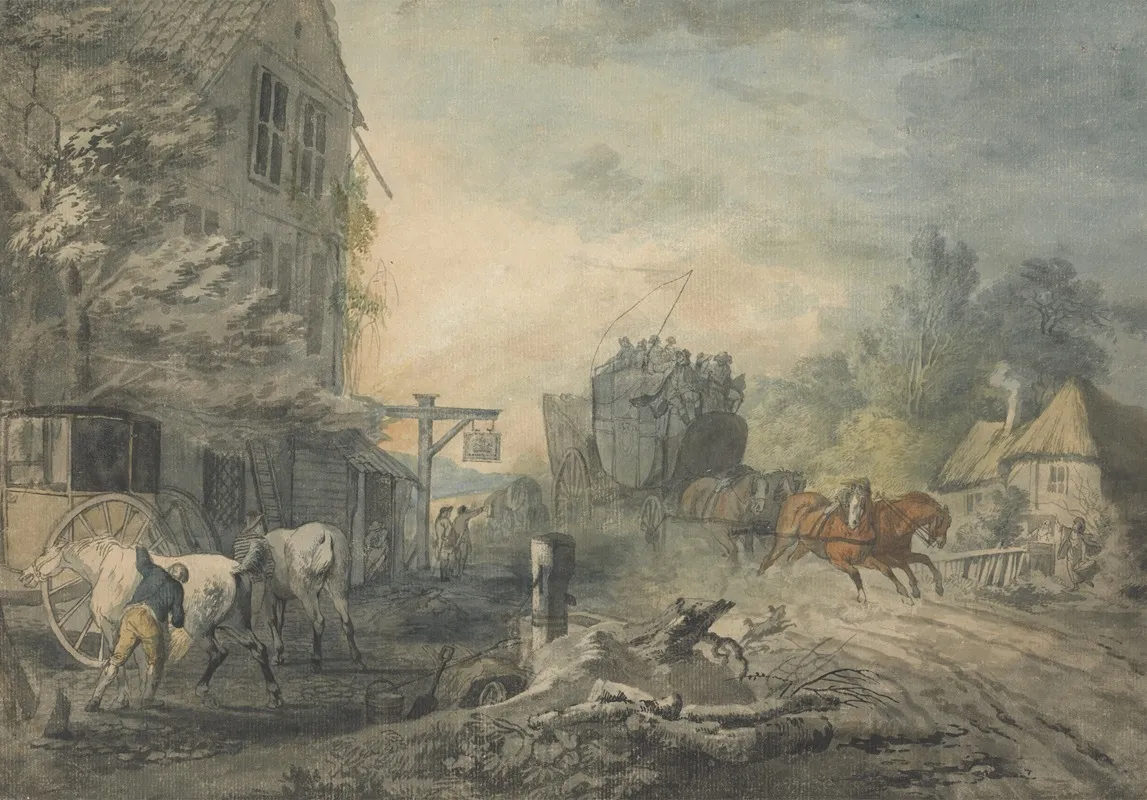 A Stagecoach And Four Dashing Through A Village On The Bath London Road
