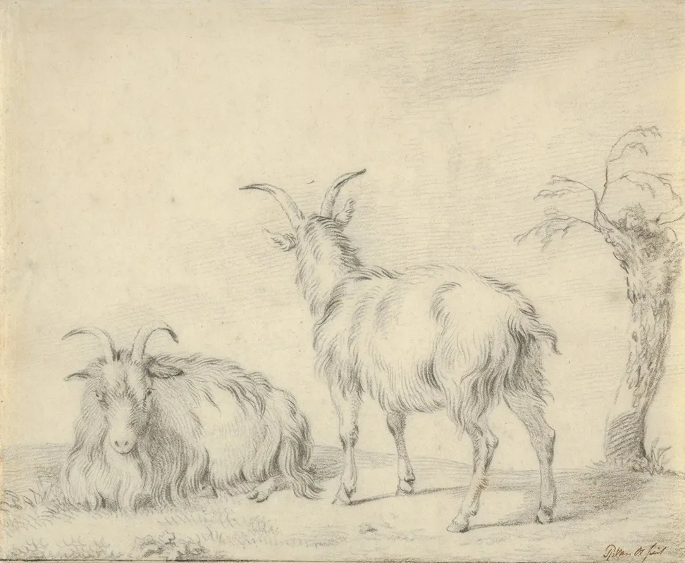 A Standing And A Lying Goat Near A Small Tree Wall Art by Pieter Gerardus van Os - High-Resolution Digital Print