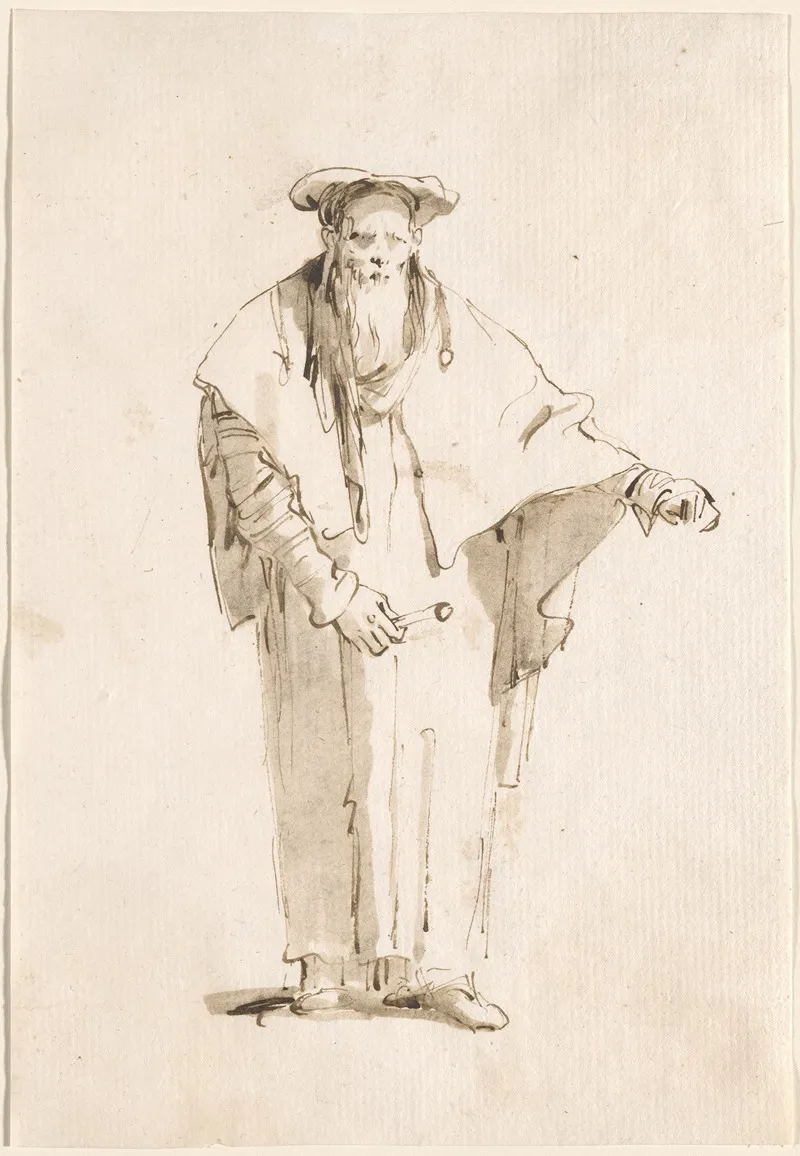 A Standing Oriental Holding A Rod