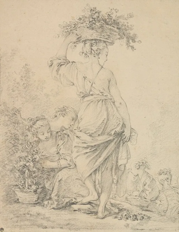 A Standing Young Woman And Others Gathering Flowers La Jardiniere Wall Art by François Boucher - High-Resolution Digital Print