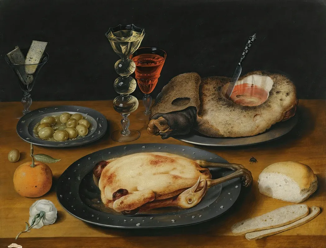 A Still Life Of A Roast Chicken A Ham And Olives On Pewter Plates With A Bread Roll An Orange Wineglasses And A Rose On A Wooden Table Wall Art by Osias Beert the Elder - High-Resolution Digital Print