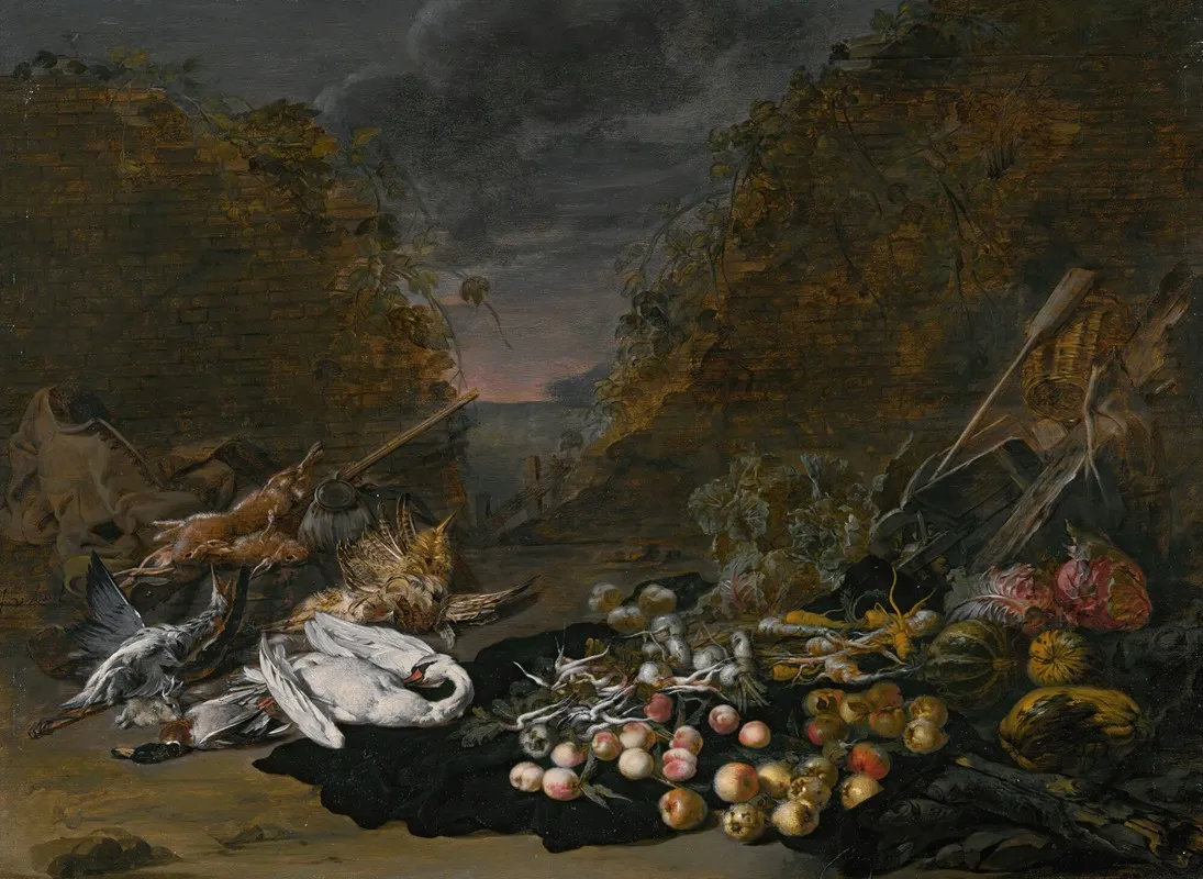 A Still Life Of A Swan And Other Birds With Rabbits Fruit And Vegetables And A Landscape Beyond Wall Art by Jan van Kessel the Younger - High-Resolution Digital Print