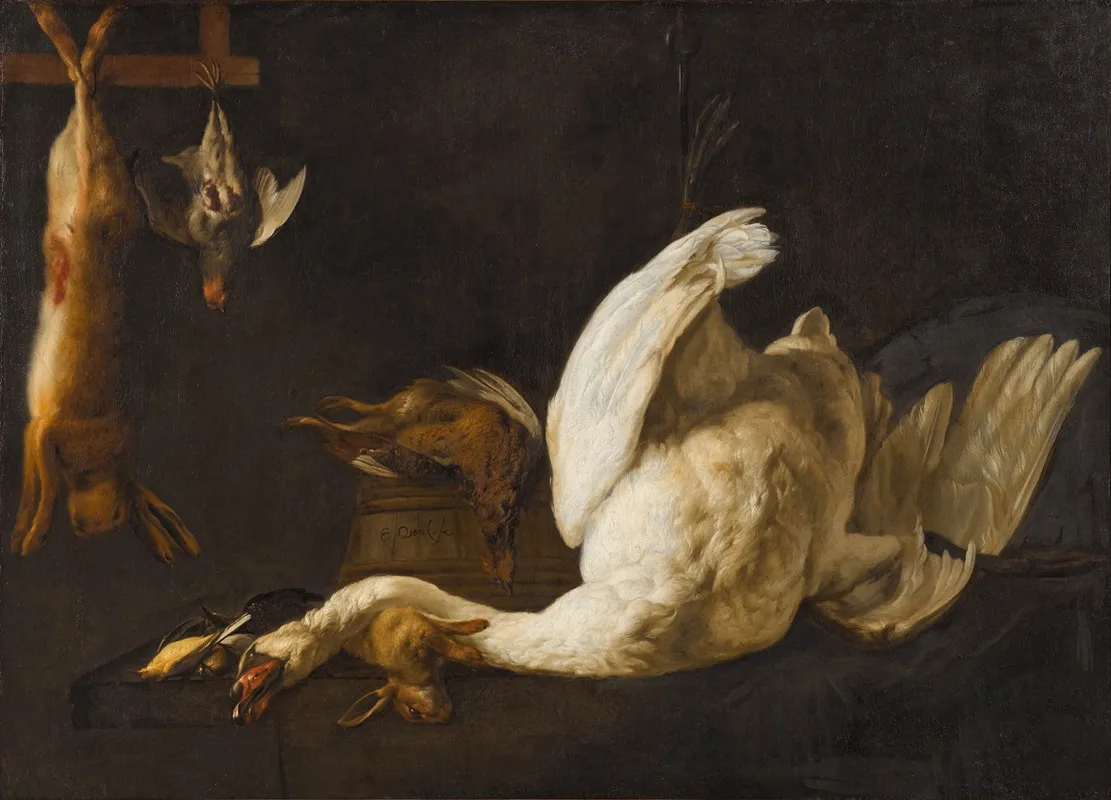 A Still Life Of A Swan Suspended From A Hook A Hare A Grey Partridge A Pheasant On A Barrel Wall Art by Elias Vonck - High-Resolution Digital Print