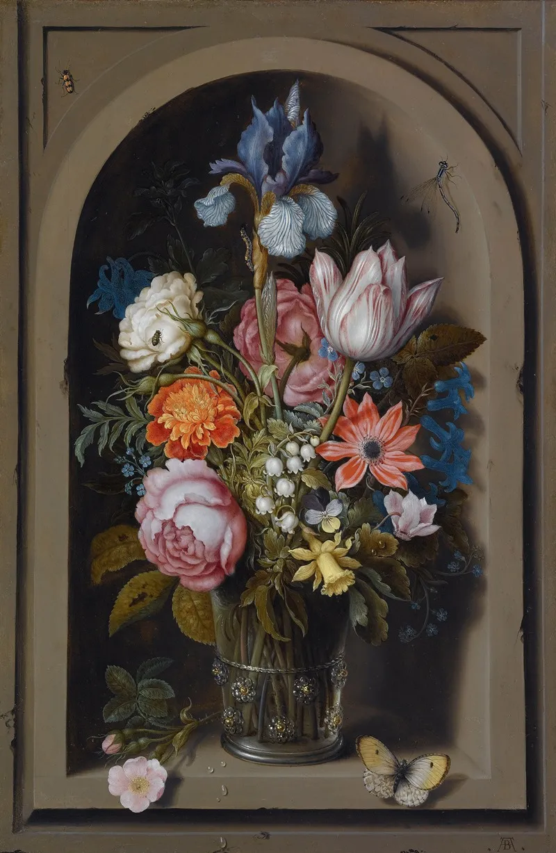 A Still Life Of Flowers In A Glass Beaker Set In A Marble Niche Wall Art by Ambrosius Bosschaert the Elder - High-Resolution Digital Print