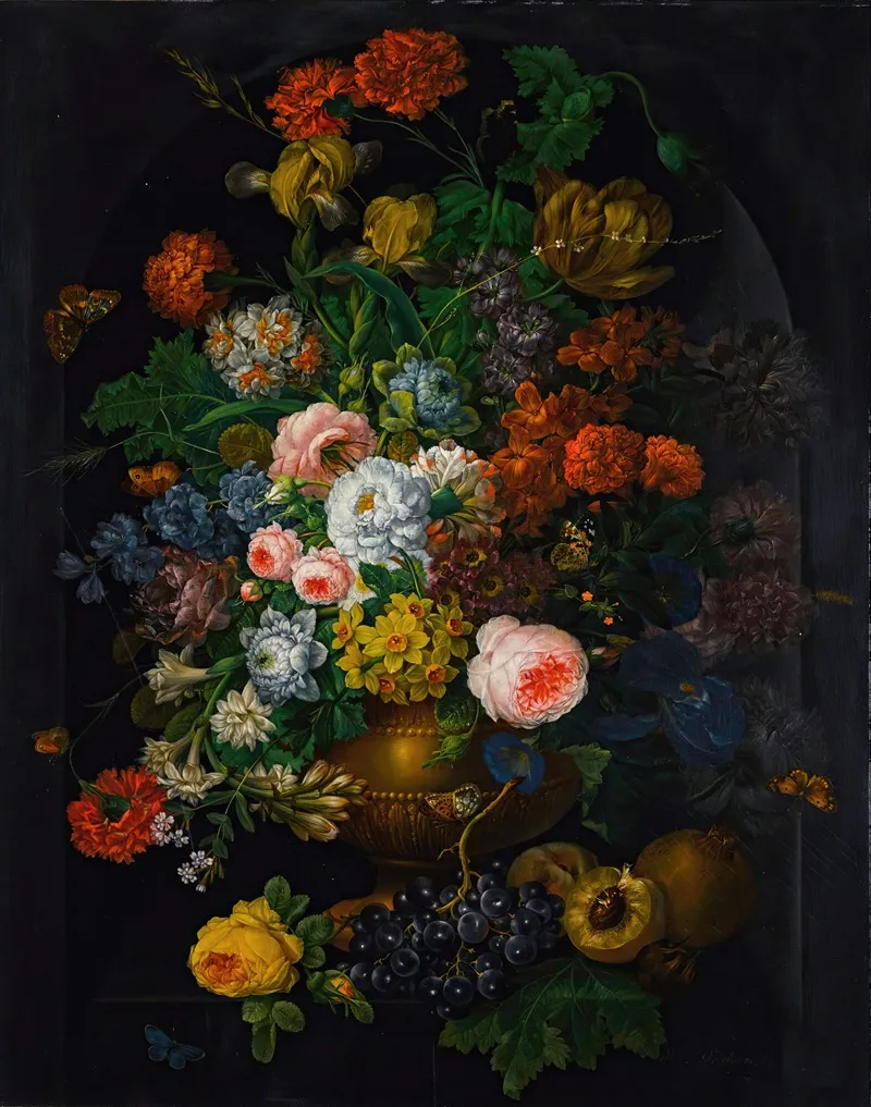 A Still Life Of Flowers In A Vase With Butterflies Wall Art by Johann Baptist Drechsler - High-Resolution Digital Print