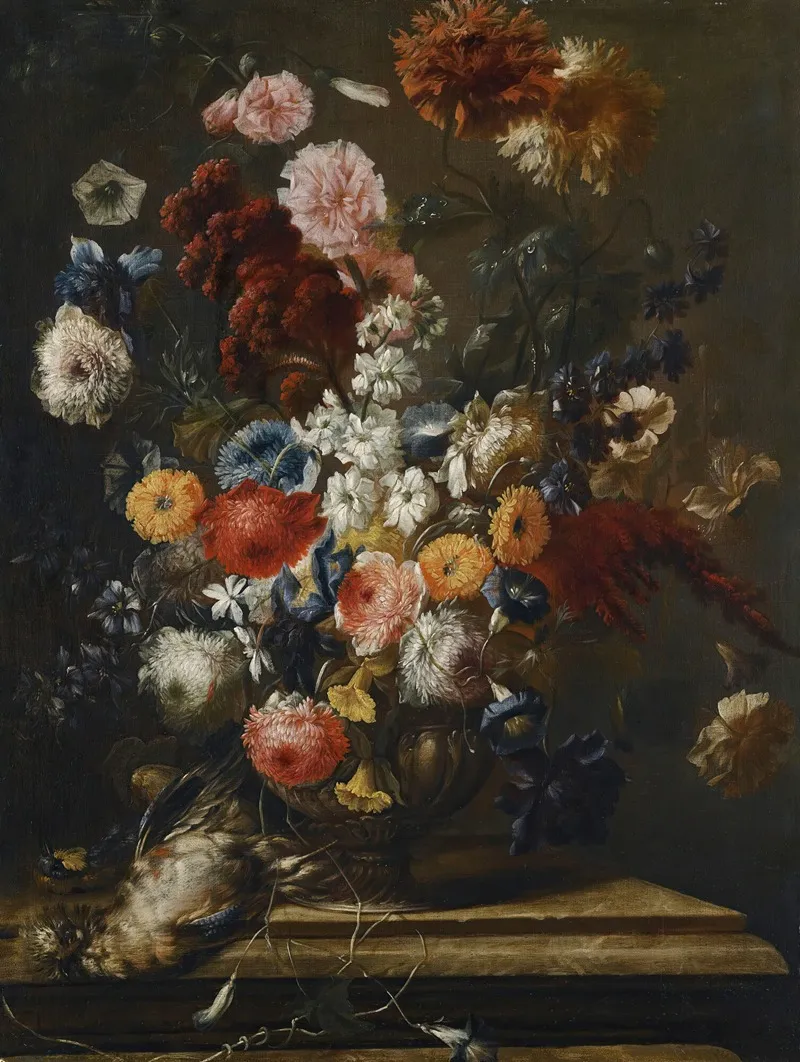 A Still Life Of Flowers In An Urn On A Marble Ledge With A Bird Wall Art by Franz Werner von Tamm - High-Resolution Digital Print