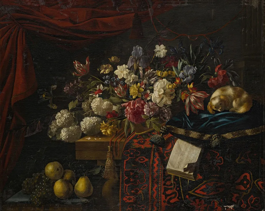 A Still Life Of Flowers Set On A Table With A Carpet A Music Book And A Dog Seated On A Pillow Wall Art by François Habert - High-Resolution Digital Print