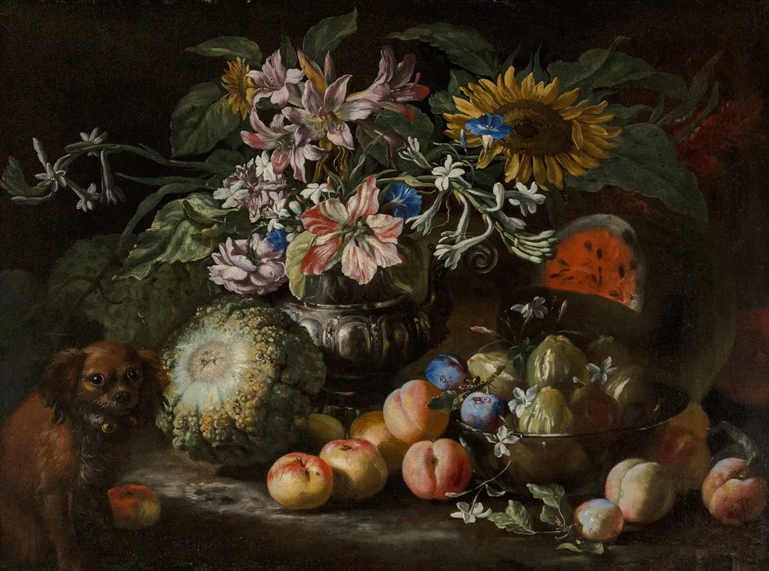 A Still Life Of Fruit And Flowers In A Footed Gadrooned Silver Vase With A Spaniel Looking On Wall Art by Abraham Brueghel - High-Resolution Digital Print