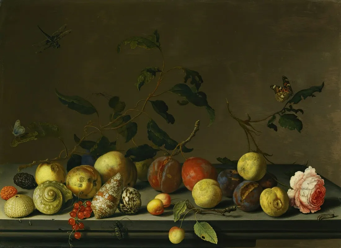 A Still Life Of Fruit And Shells With A Rose And Various Insects Upon A Stone Ledge Wall Art by Balthasar van der Ast - High-Resolution Digital Print