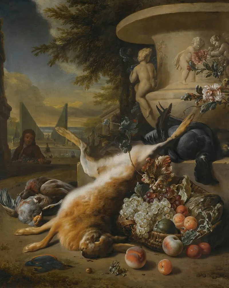 A Still Life Of Game Birds Grouse A Hare And A Kingfisher With A Basket Of Fruit At The Foot Of A Stone Urn An Ornamental Garden With A Fountain Beyond Wall Art by Jan Weenix - High-Resolution Digital Print