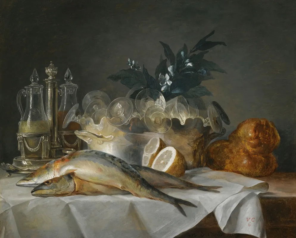 A Still Life Of Mackerel Glassware A Loaf Of Bread And Lemons On A Table With A White Cloth Wall Art by Anne Vallayer-Coster - High-Resolution Digital Print