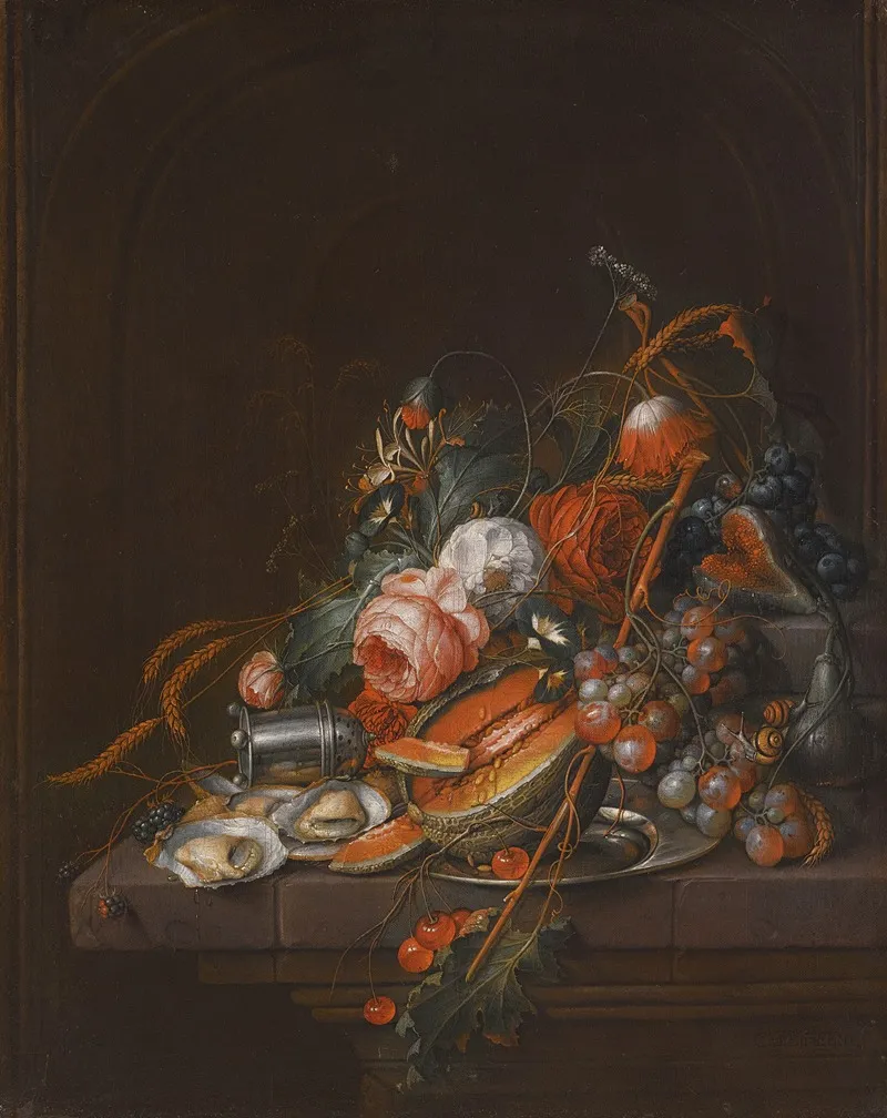 A Still Life Of Oysters Grapes Cherries Roses Corn Snails A Melon And A Silver Sugar Shaker On A Stone Plinth Wall Art by David Cornelisz. de Heem - High-Resolution Digital Print