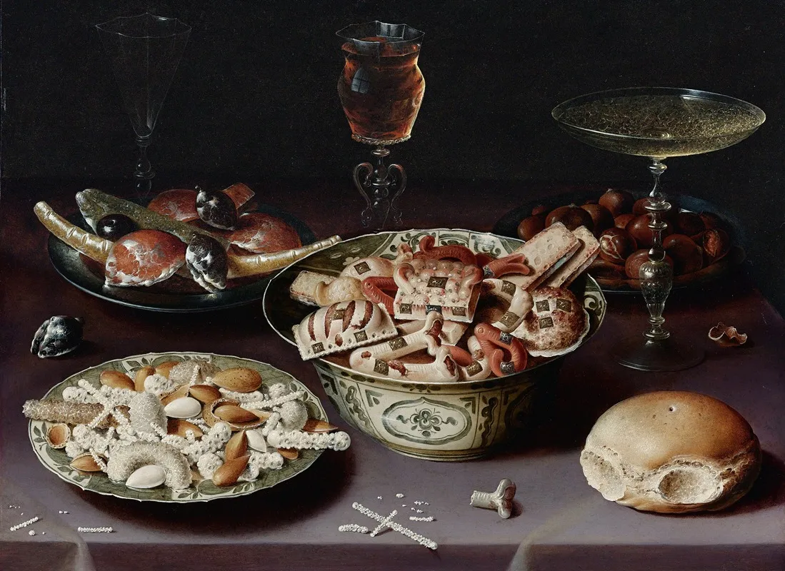 A Still Life Of Porcelain Vessels Containing Sweets Wall Art by Osias Beert the Elder - High-Resolution Digital Print