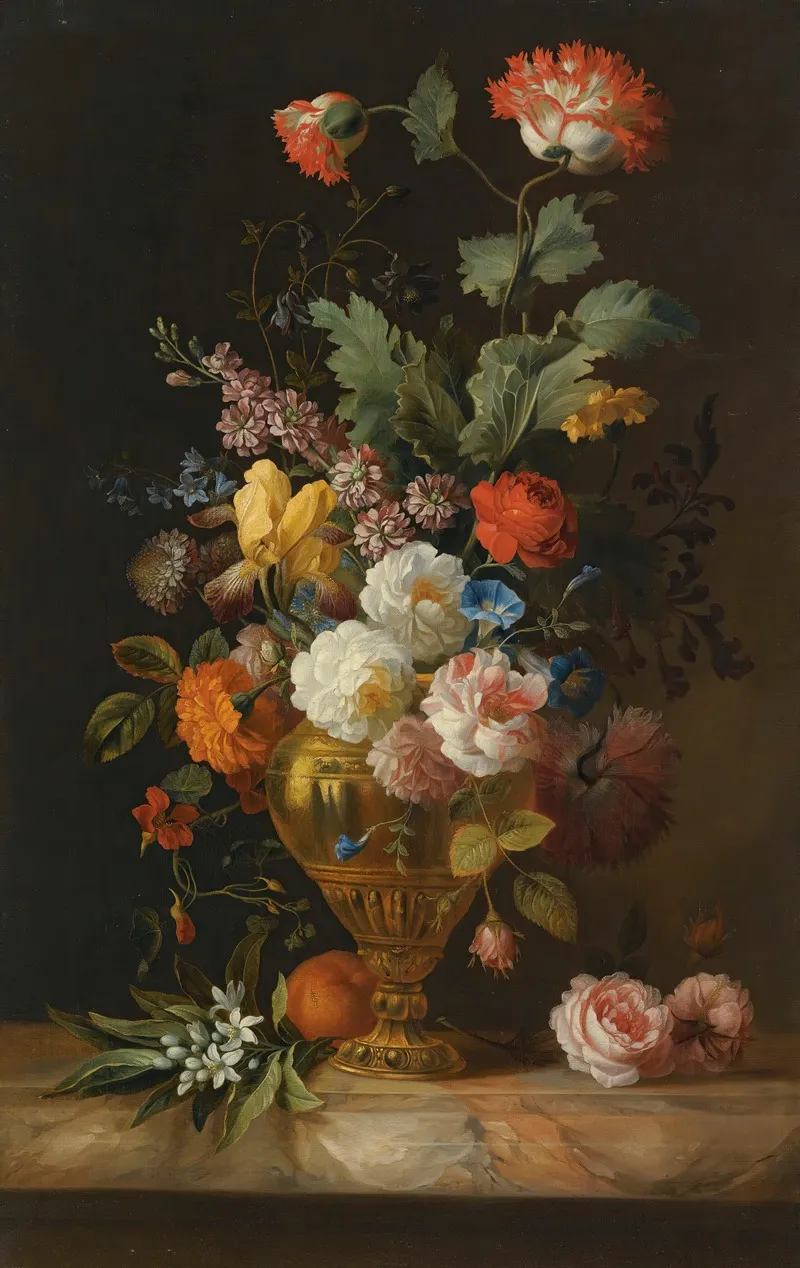 A Still Life Of Roses And Other Flowers In A Metal Vase On A Marble Ledge Wall Art by Jakob Bogdány - High-Resolution Digital Print