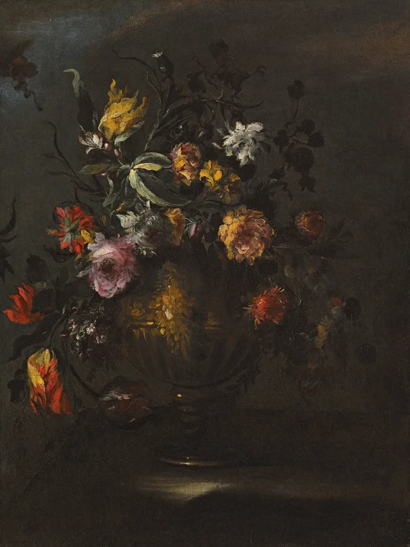 A Still Life Of Roses Tulips And Other Flowers In A Bronze Vase On A Stone Ledge Wall Art by Margherita Caffi - High-Resolution Digital Print