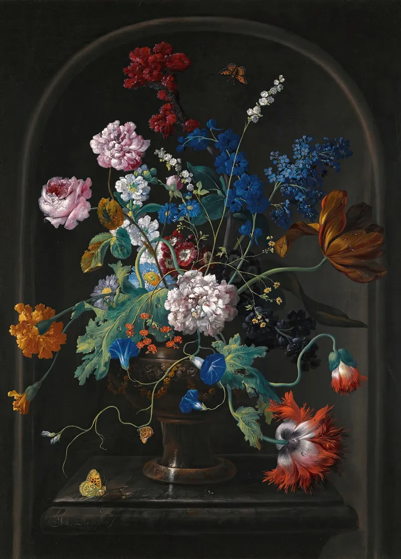 A Still Life Of Roses Tulips Anemones Bluebells And Other Flowers In A Vase In A Stone Niche Wall Art by Johann Baptist Drechsler - High-Resolution Digital Print