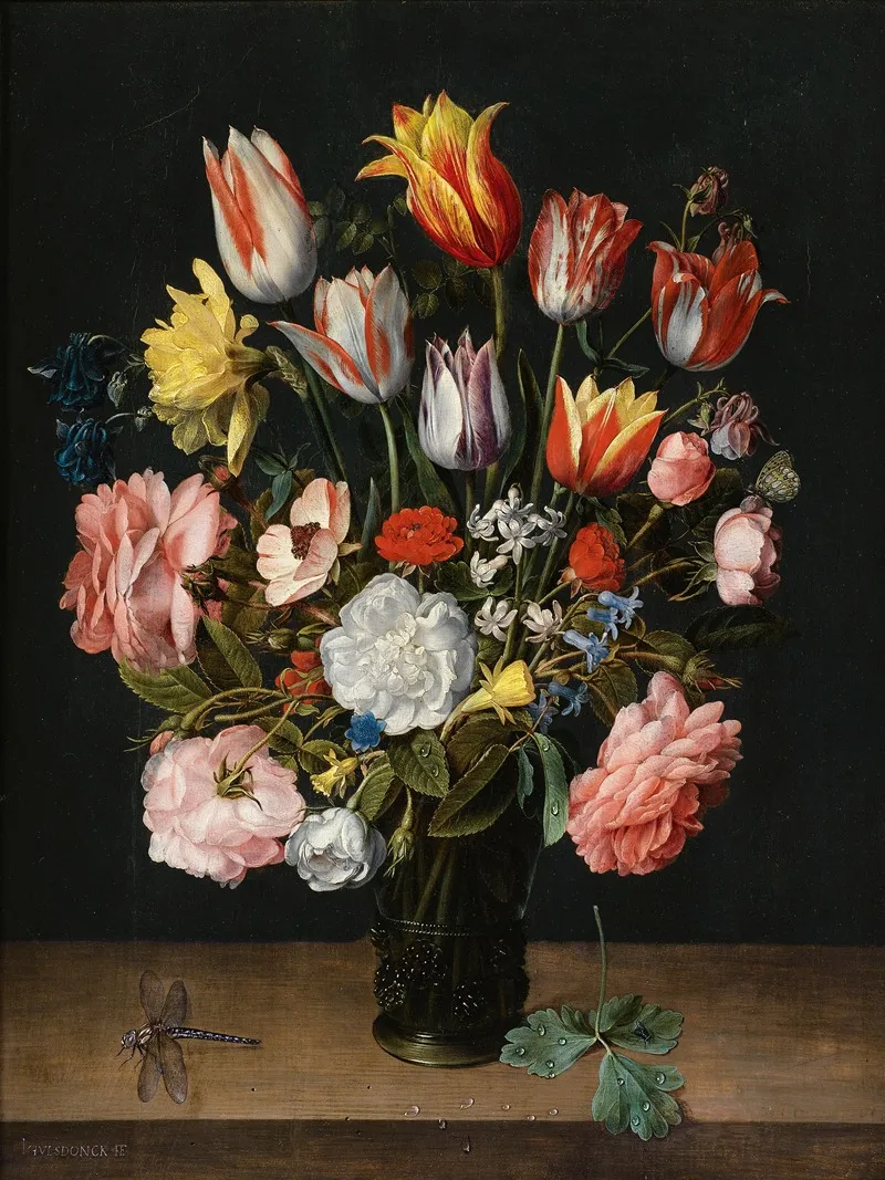 A Still Life Of Tulips Roses Bluebells Daffodils A Peony And Other Flowers In A Glass Roemer On A Wooden Ledge With A Dragonfly Wall Art by Jacob van Hulsdonck - High-Resolution Digital Print