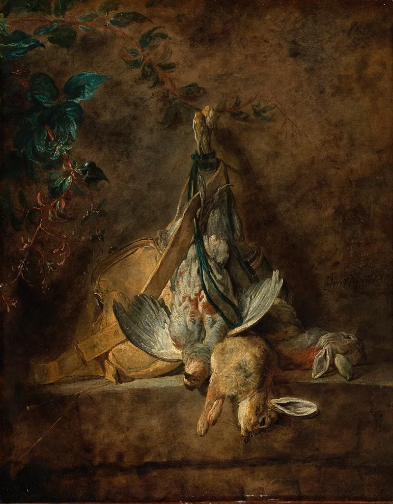 A Still Life Two Rabbits A Grey Partridge Game Bag And A Powder Flask Wall Art by Jean Siméon Chardin - High-Resolution Digital Print